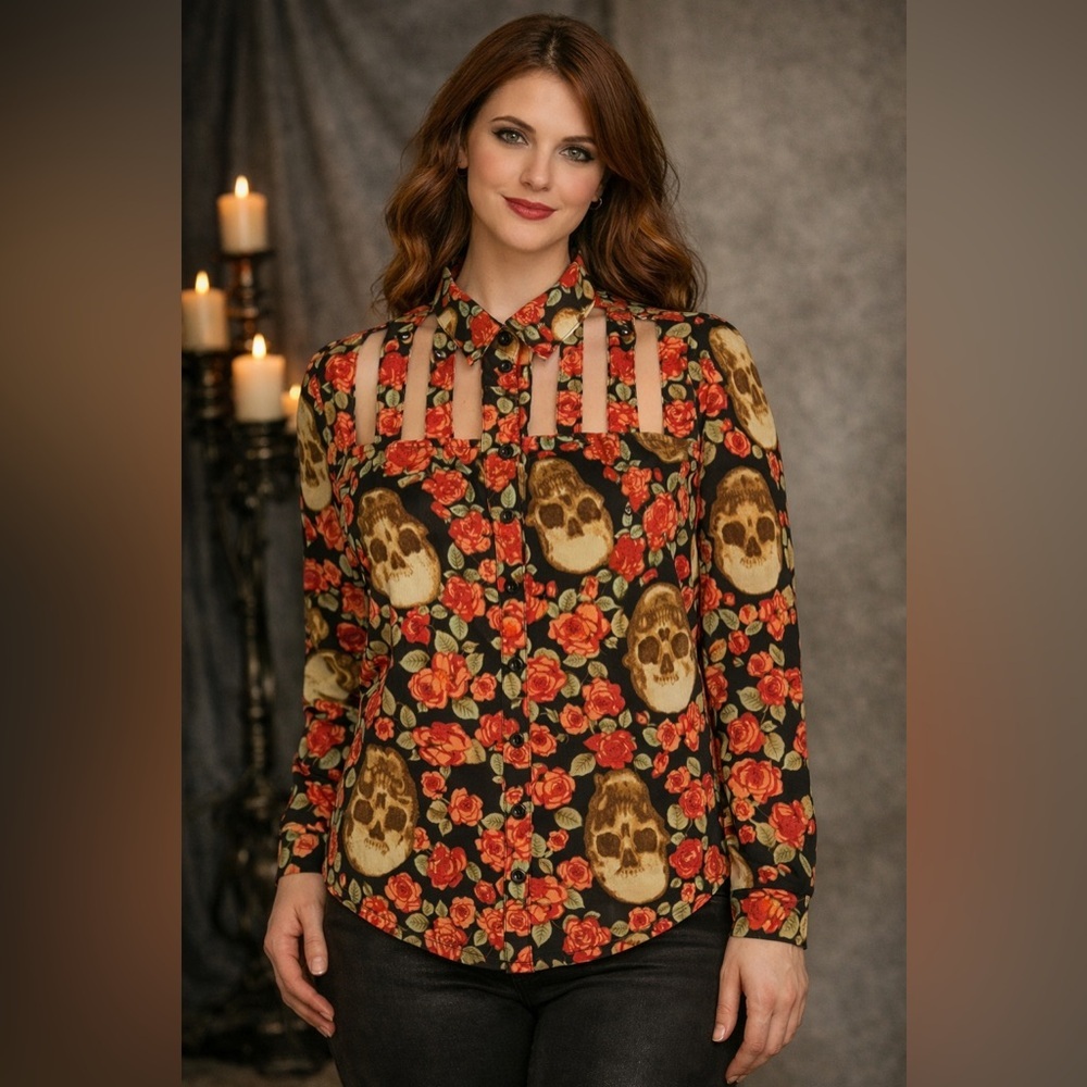 Womens Shirt Sz S Skulls Roses Cutouts Spiked Goth Rockabilly Long Sleeve Sheer